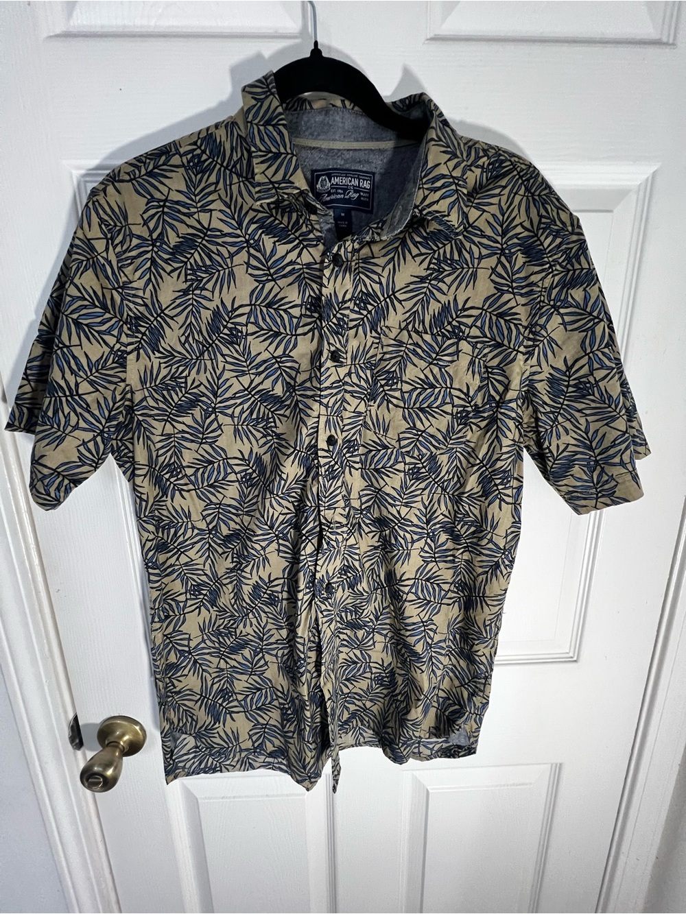 American Rag Short-Sleeve Leaf Print Button-Up in Beige and Navy